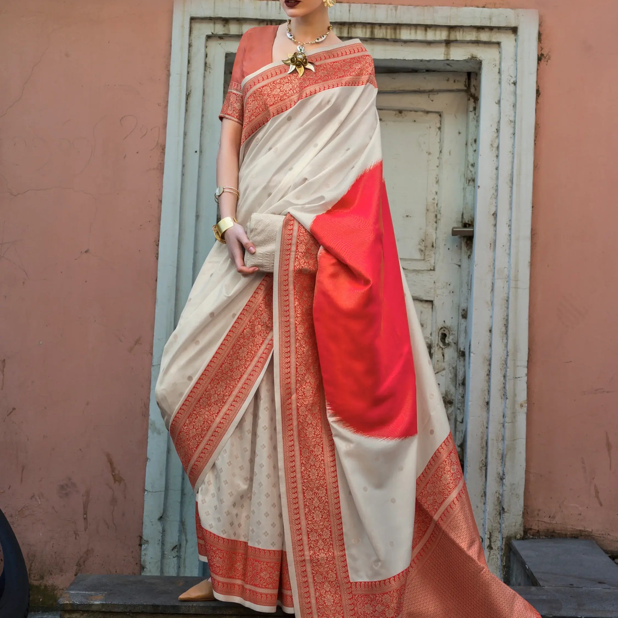 Adorable Off-White Zari Weaving Silk Event Wear Saree With Blouse - Zeel Clothing