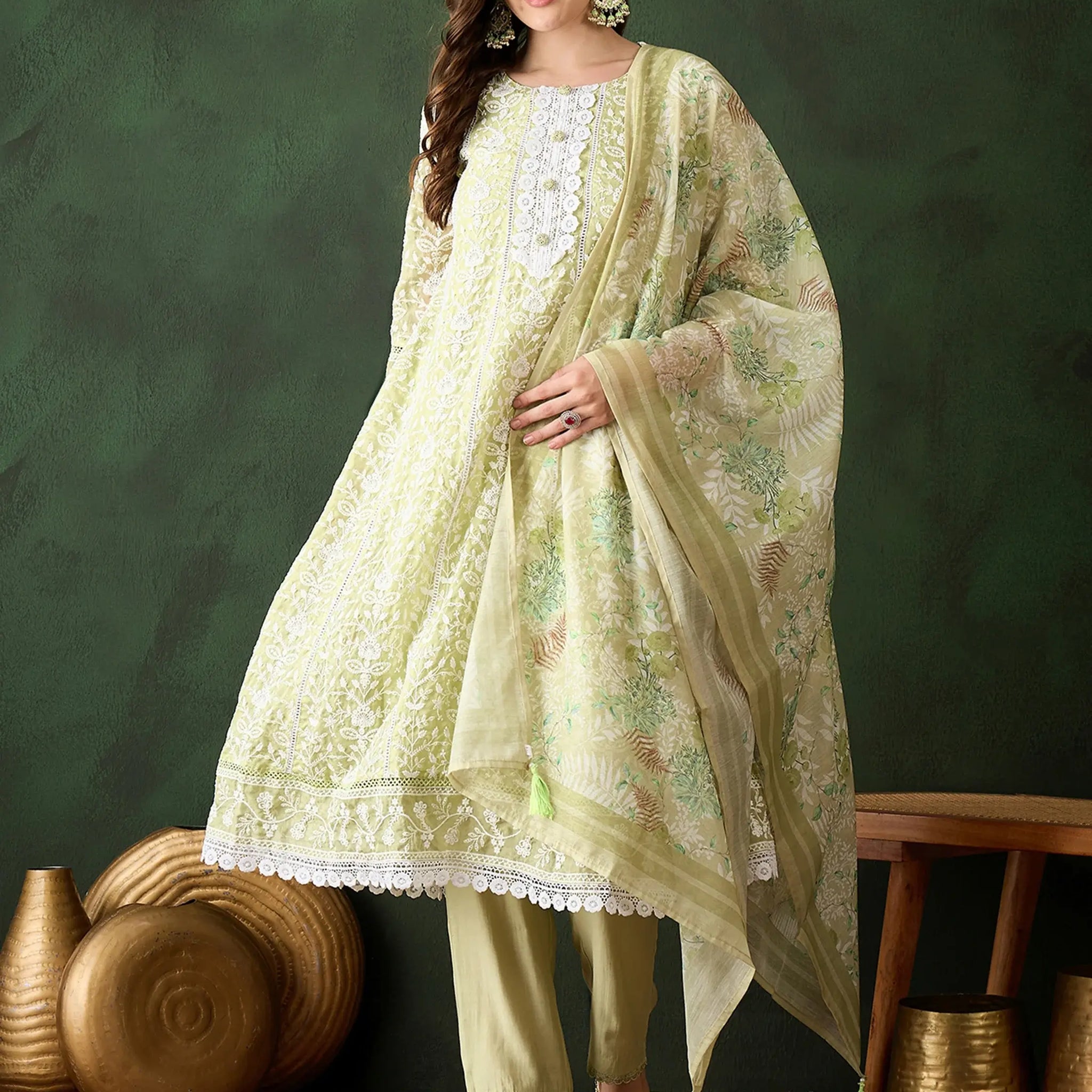Adorable Olive Green Embroidered Organza Event Wear Pant Suit - Zeel Clothing