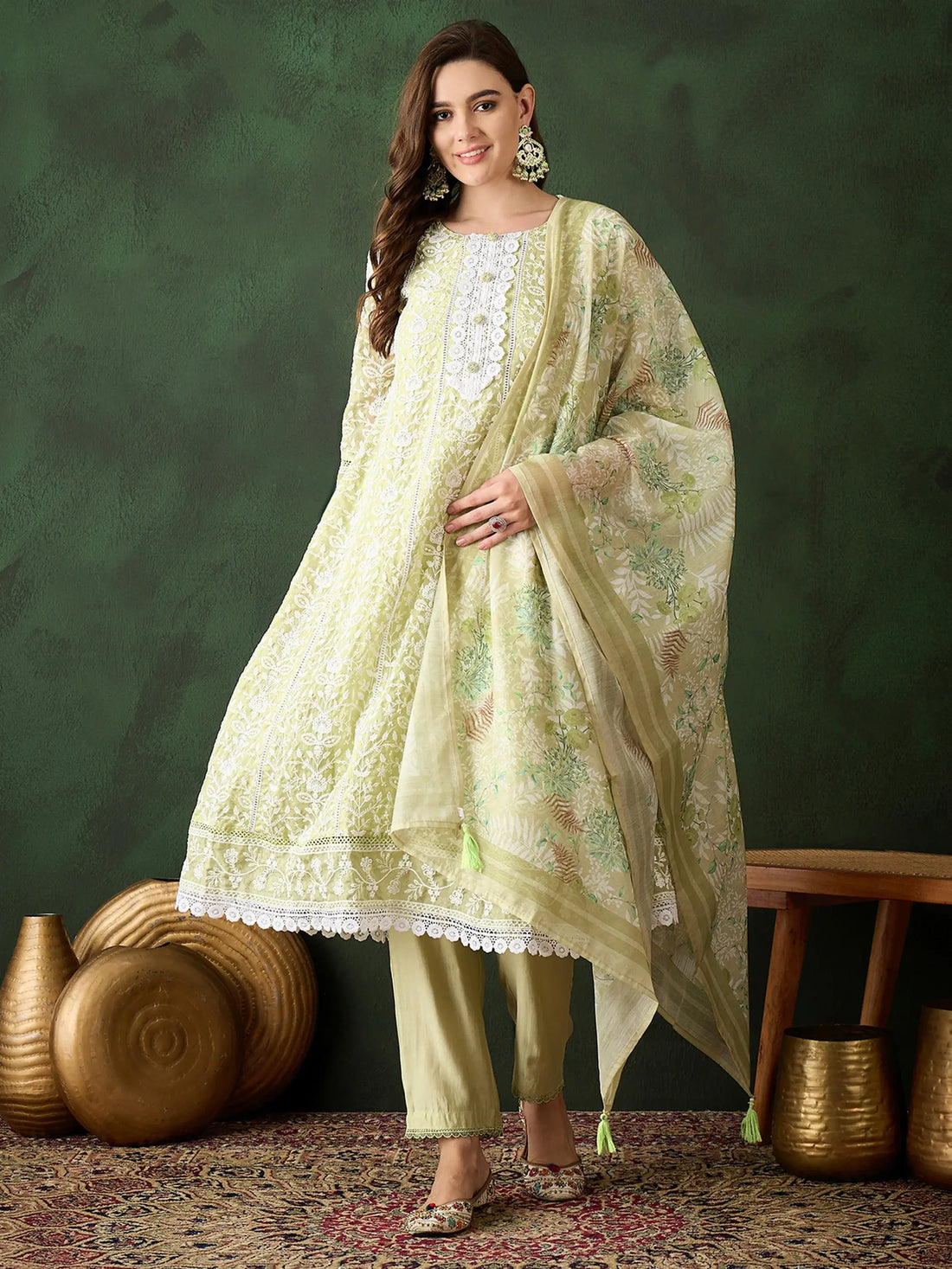 Adorable Olive Green Embroidered Organza Event Wear Pant Suit - Zeel Clothing