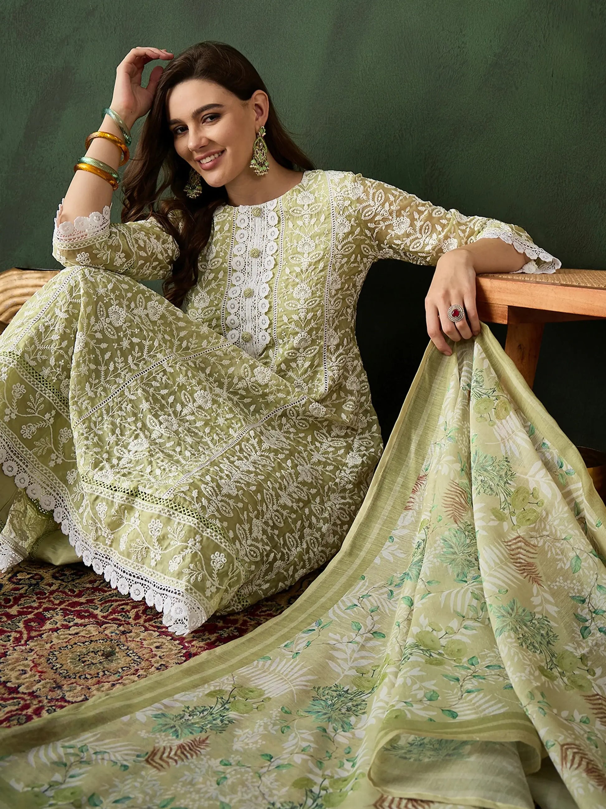 Adorable Olive Green Embroidered Organza Event Wear Pant Suit - Zeel Clothing