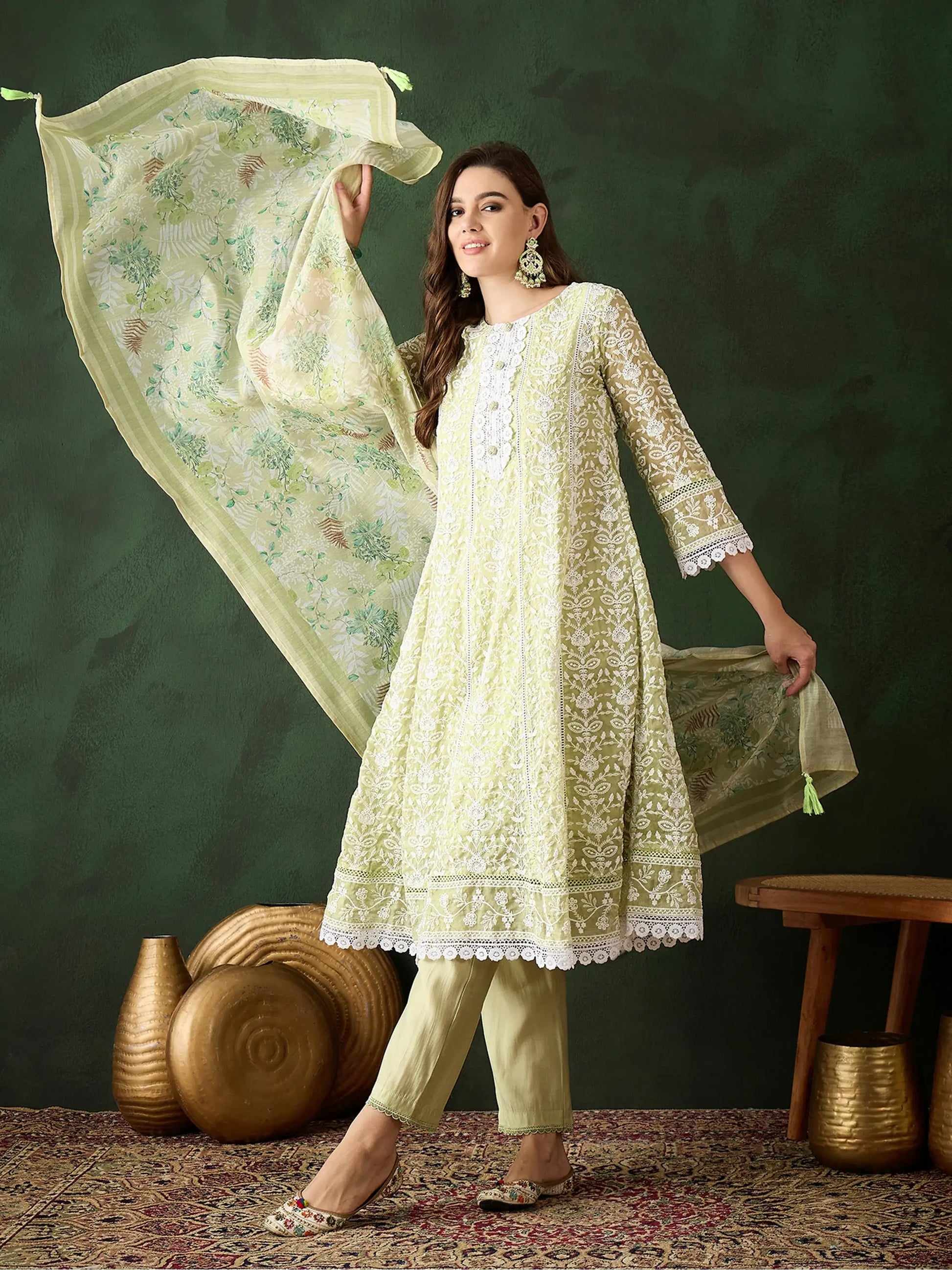 Adorable Olive Green Embroidered Organza Event Wear Pant Suit - Zeel Clothing