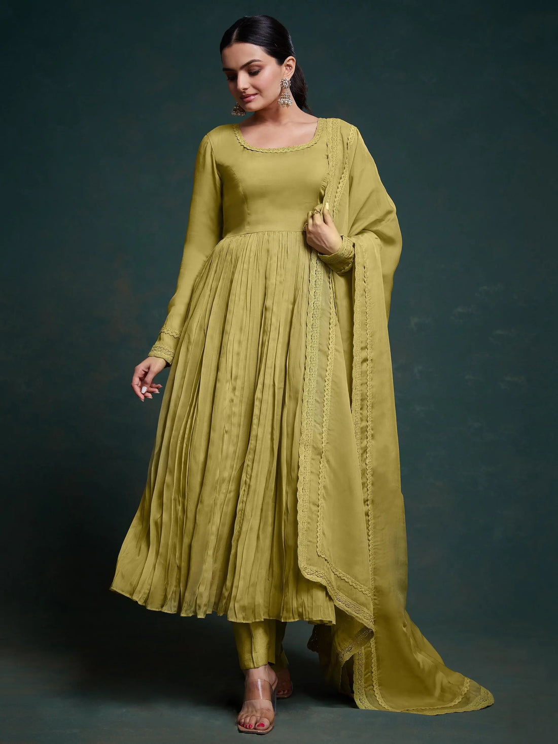 Adorable Olive Green Organza Traditional Salwar Suit With Dupatta - Zeel Clothing