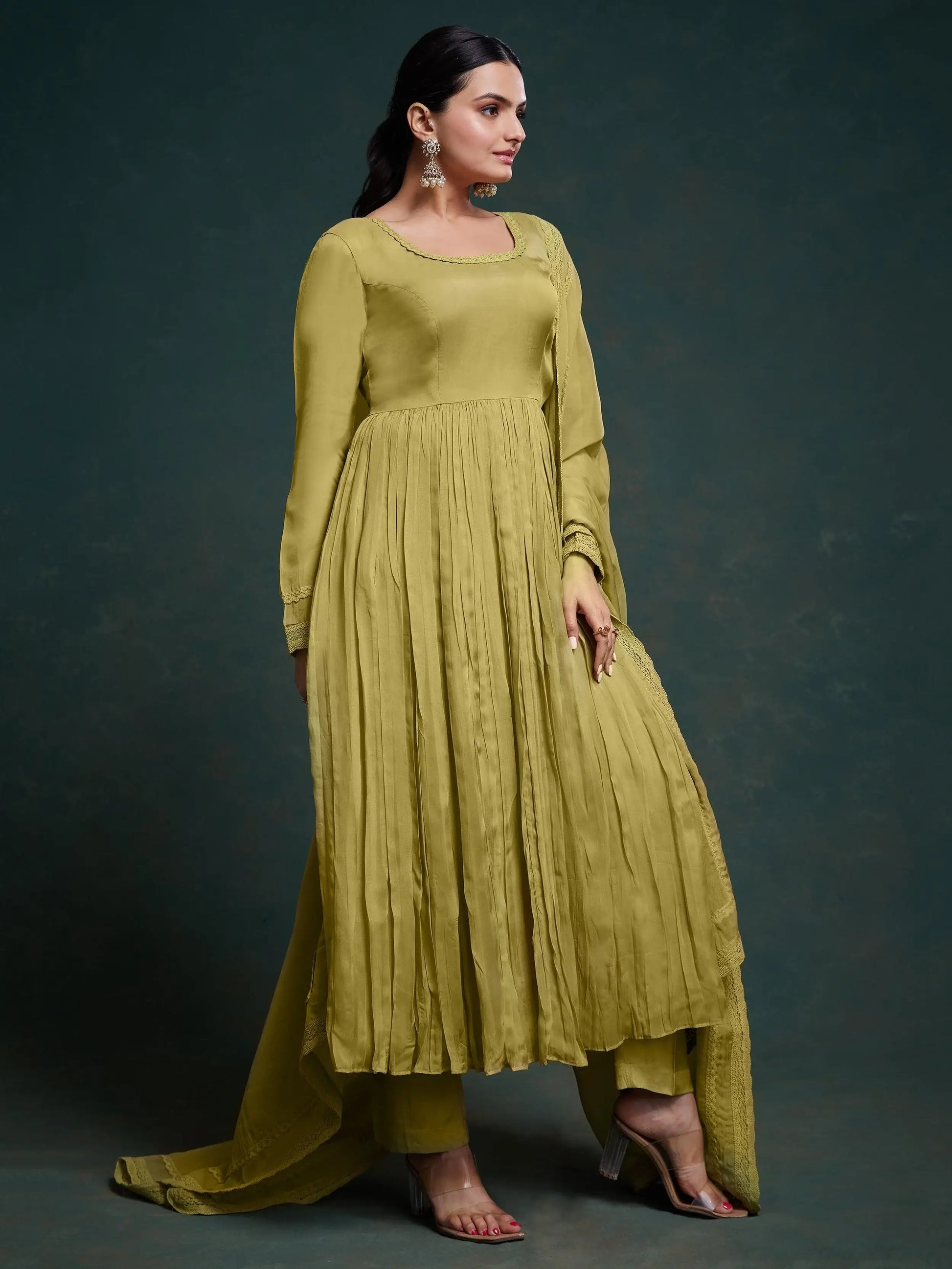 Adorable Olive Green Organza Traditional Salwar Suit With Dupatta - Zeel Clothing