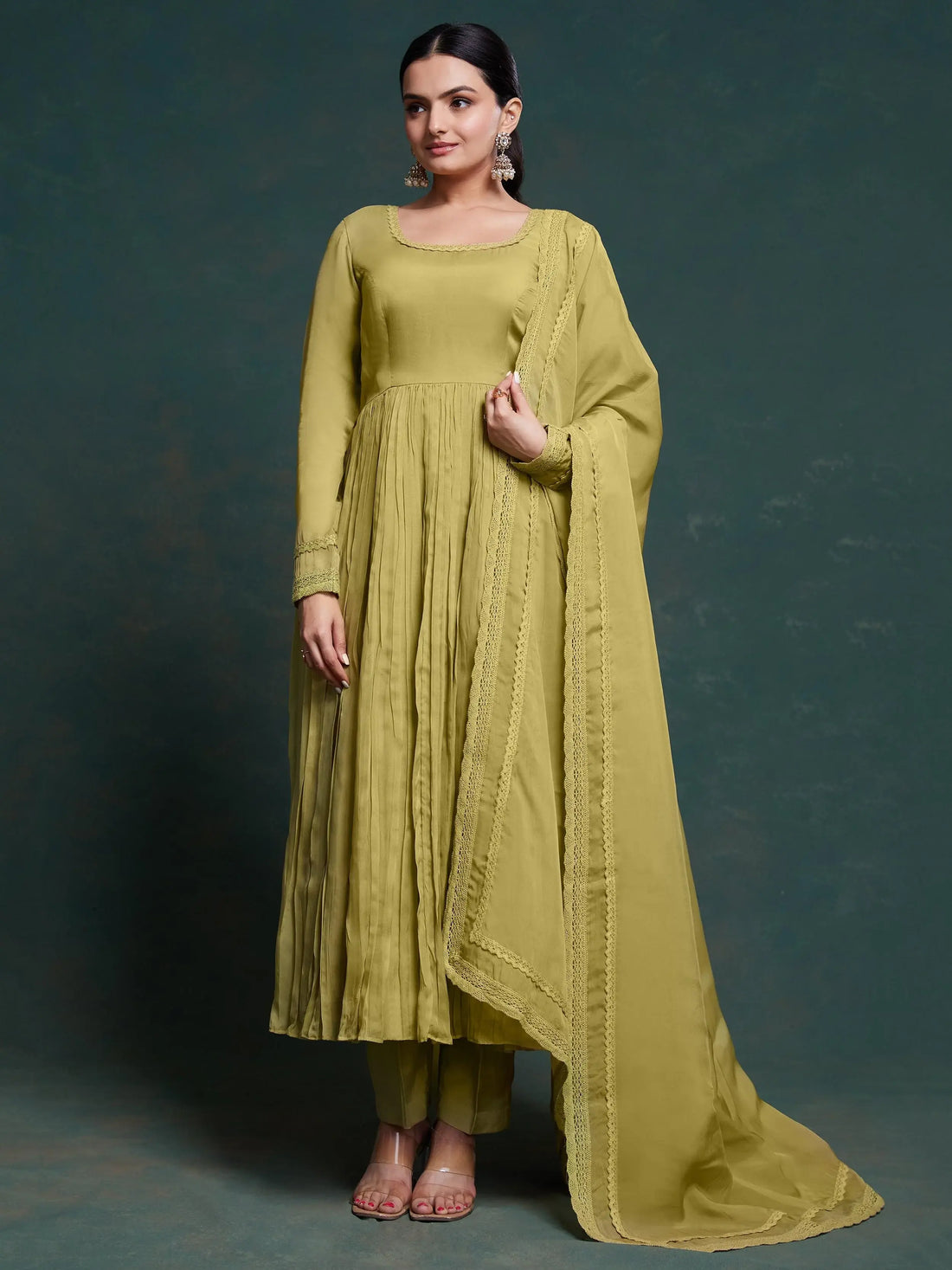 Adorable Olive Green Organza Traditional Salwar Suit With Dupatta - Zeel Clothing