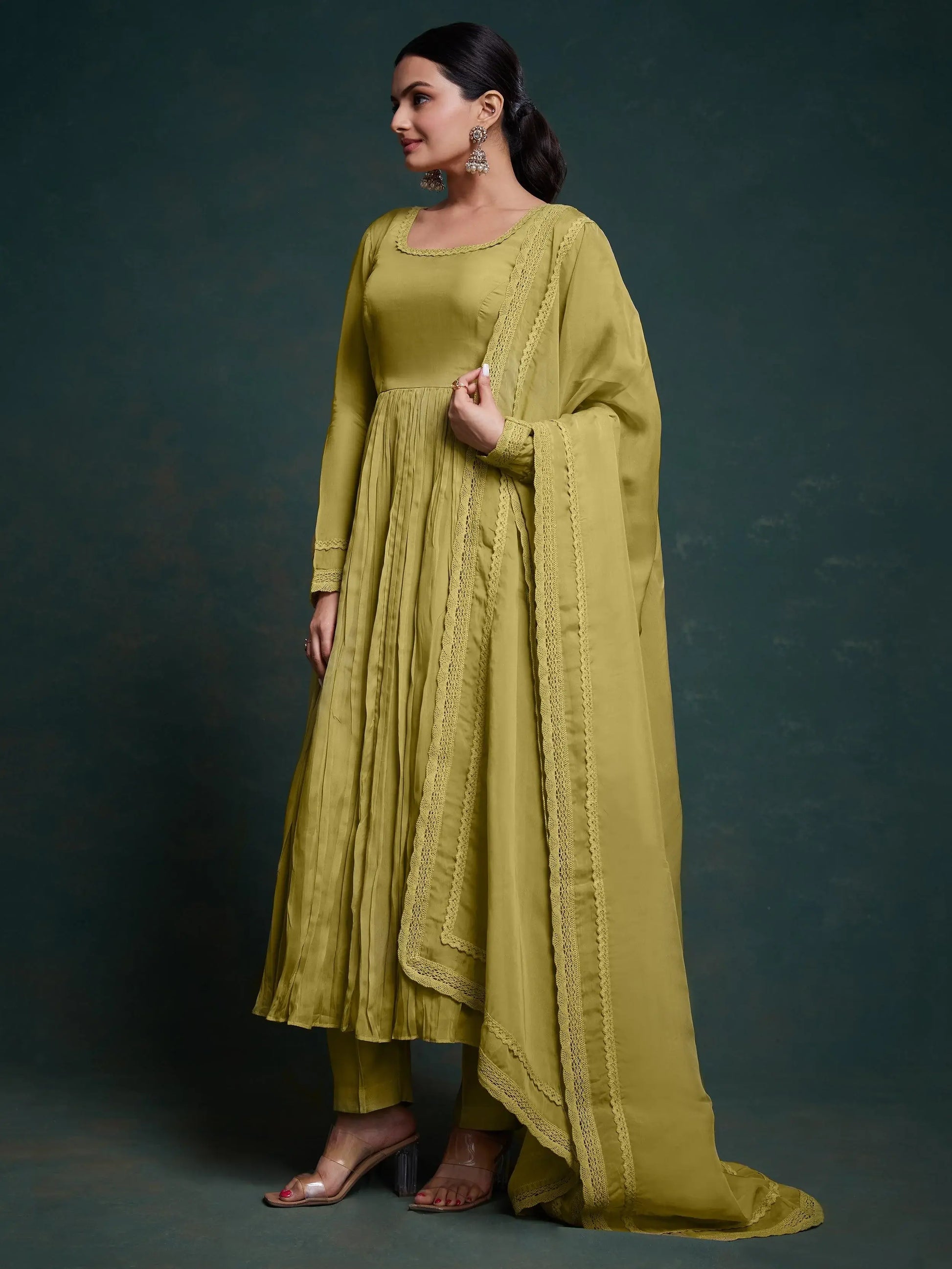 Adorable Olive Green Organza Traditional Salwar Suit With Dupatta - Zeel Clothing