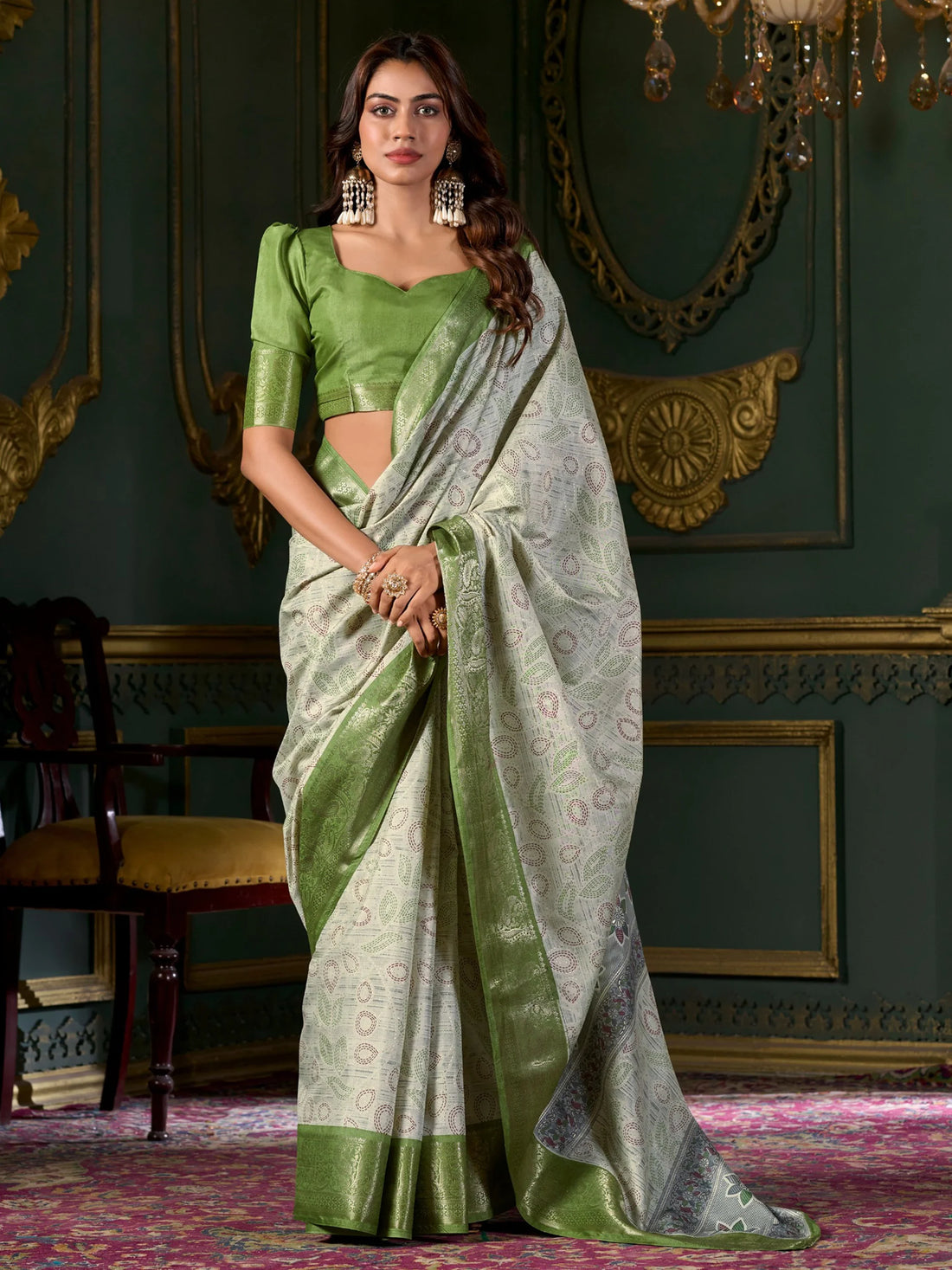 Adorable Olive Green Printed Dola Silk Mehendi Wear Saree With Blouse - Zeel Clothing