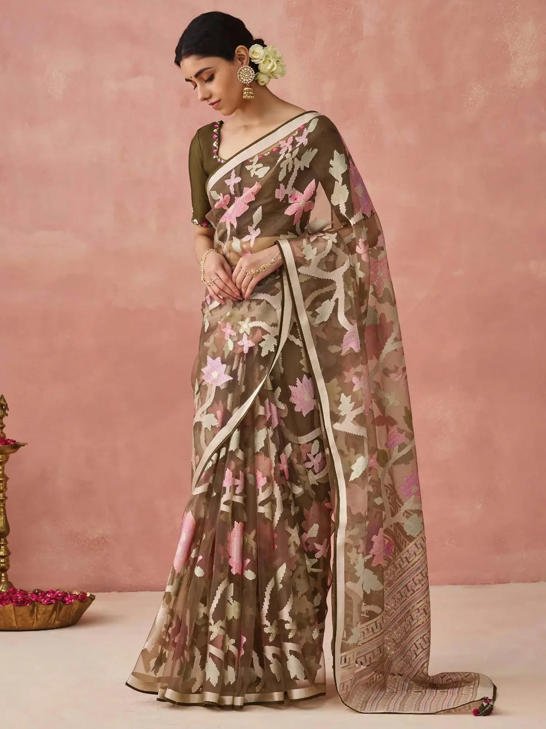 Adorable Olive Green Printed Organza Traditional Saree With Blouse - Zeel Clothing