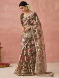 Adorable Olive Green Printed Organza Traditional Saree With Blouse - Zeel Clothing