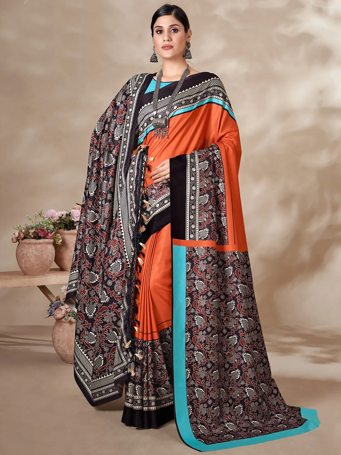 Adorable Orange Digital Printed Pashmina Event Wear Saree With Shawl - Zeel Clothing