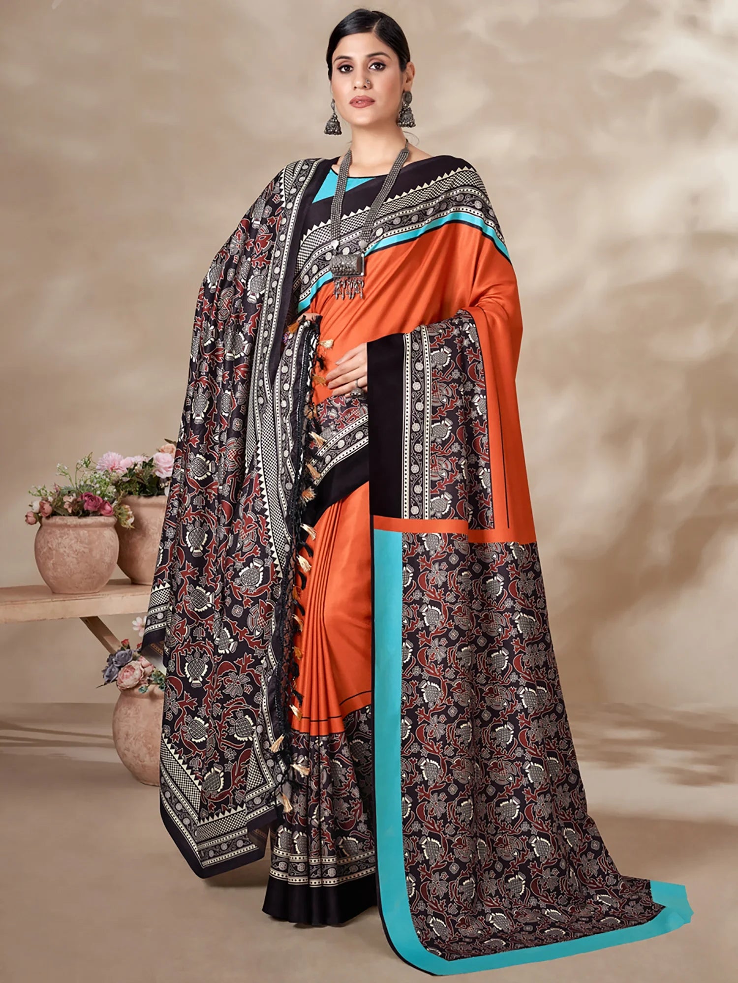 Adorable Orange Digital Printed Pashmina Event Wear Saree With Shawl - Zeel Clothing