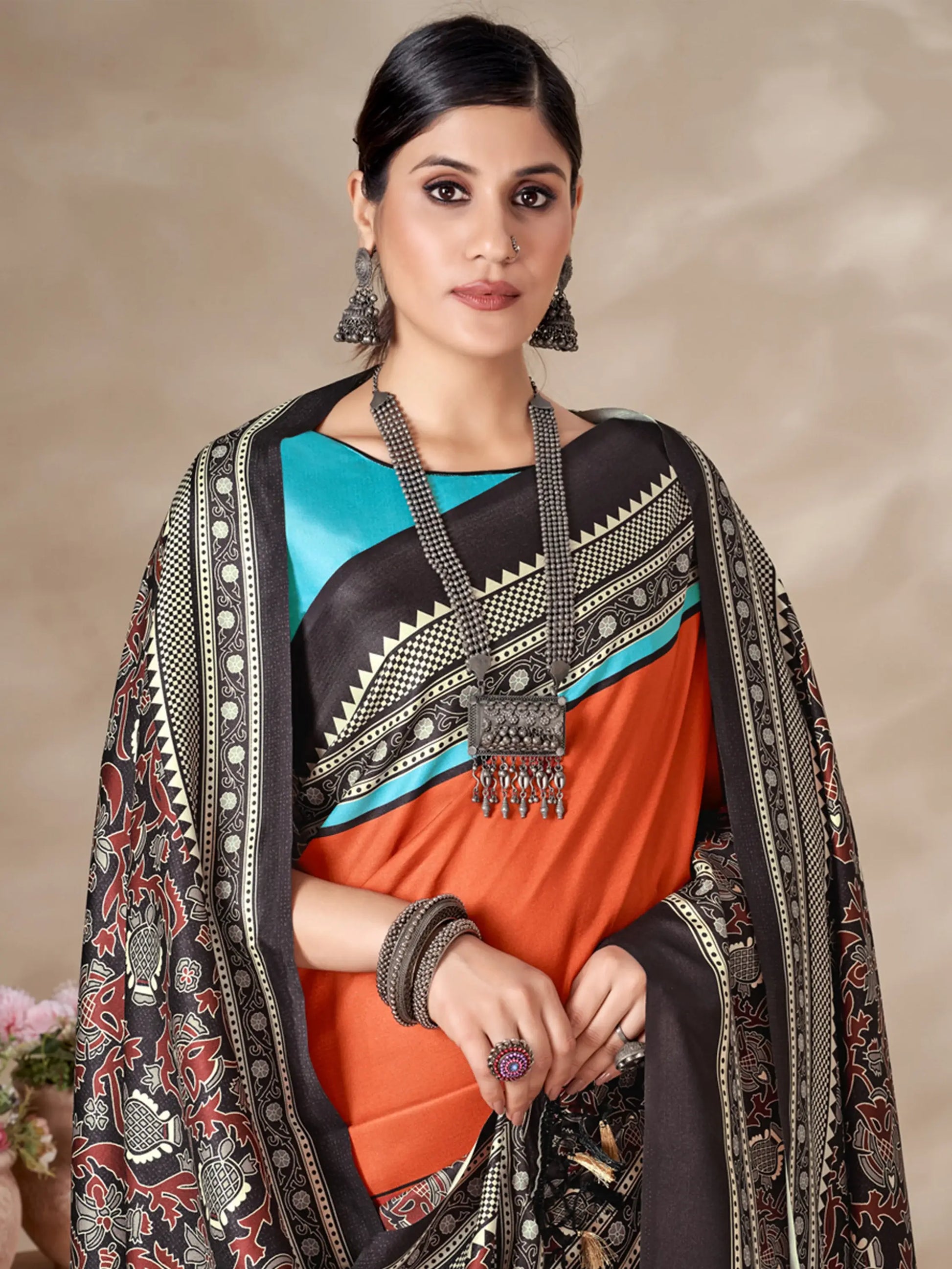 Adorable Orange Digital Printed Pashmina Event Wear Saree With Shawl - Zeel Clothing