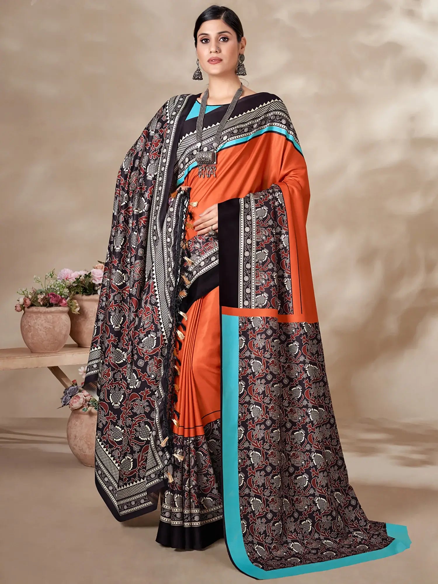 Adorable Orange Digital Printed Pashmina Event Wear Saree With Shawl - Zeel Clothing