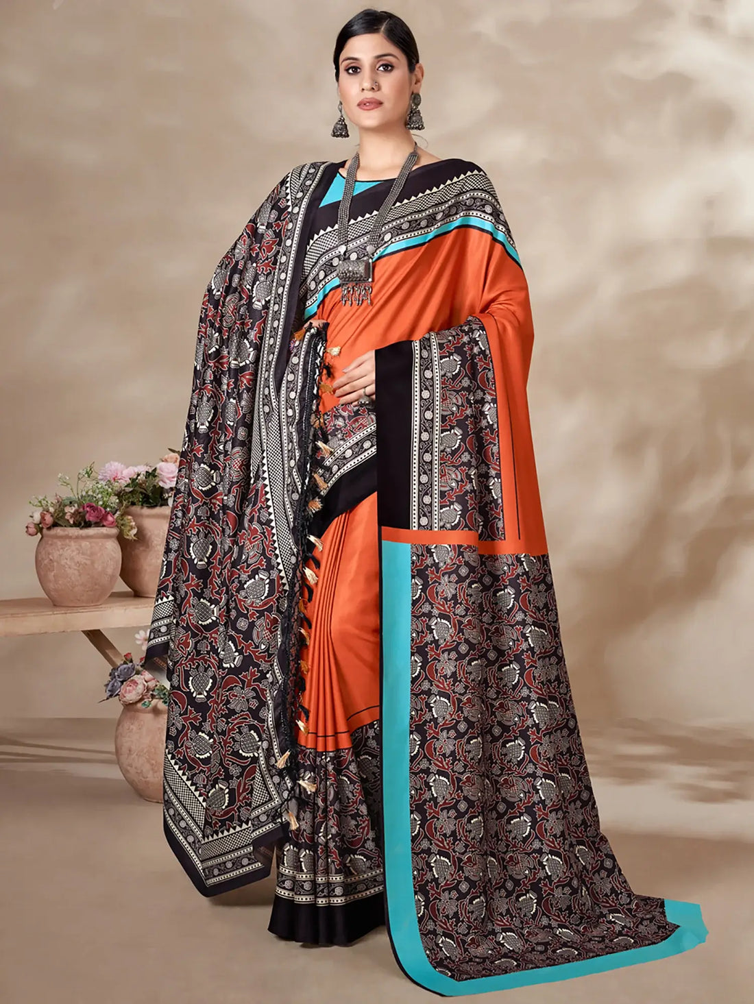 Adorable Orange Digital Printed Pashmina Event Wear Saree With Shawl - Zeel Clothing