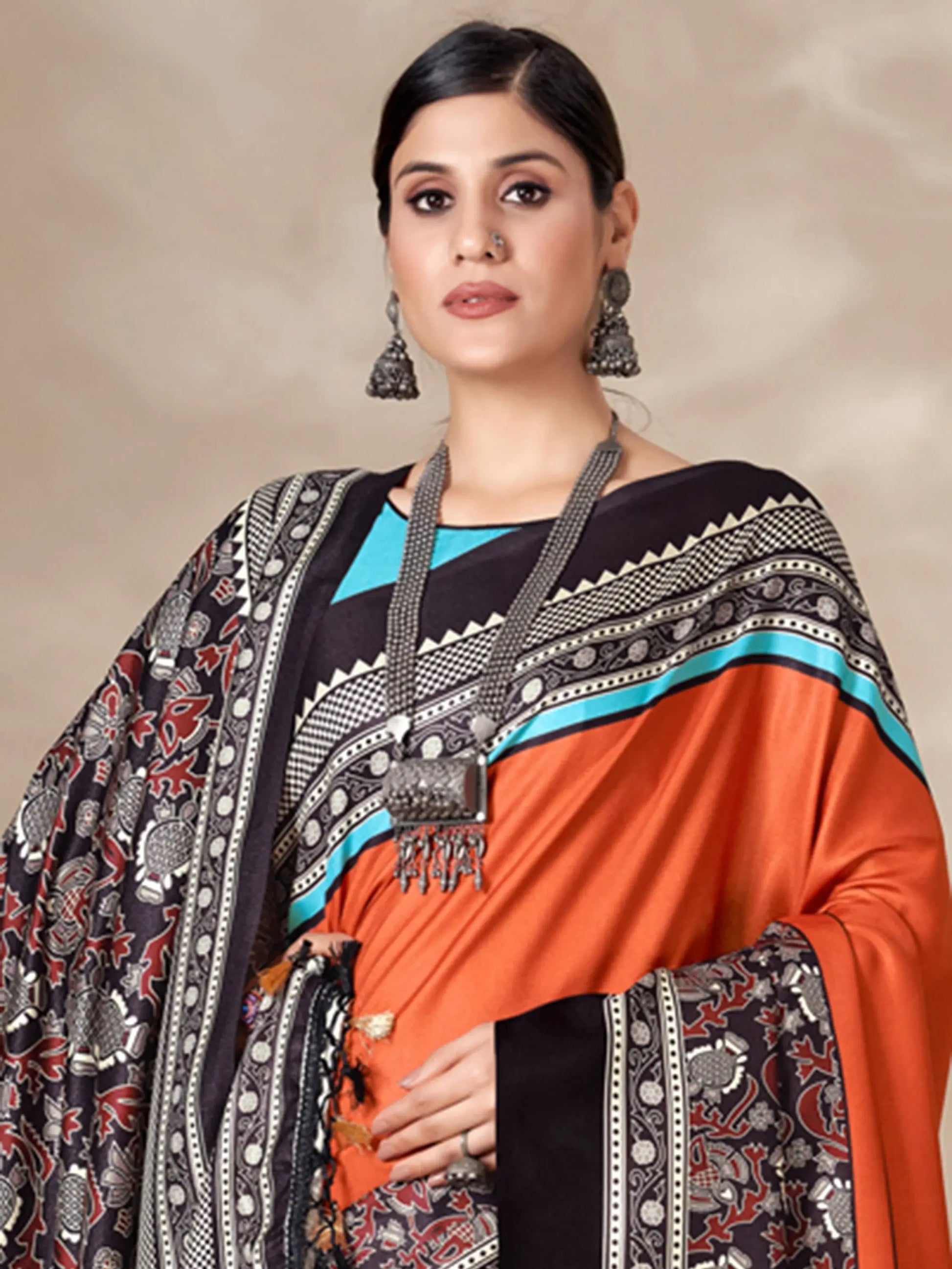 Adorable Orange Digital Printed Pashmina Event Wear Saree With Shawl - Zeel Clothing