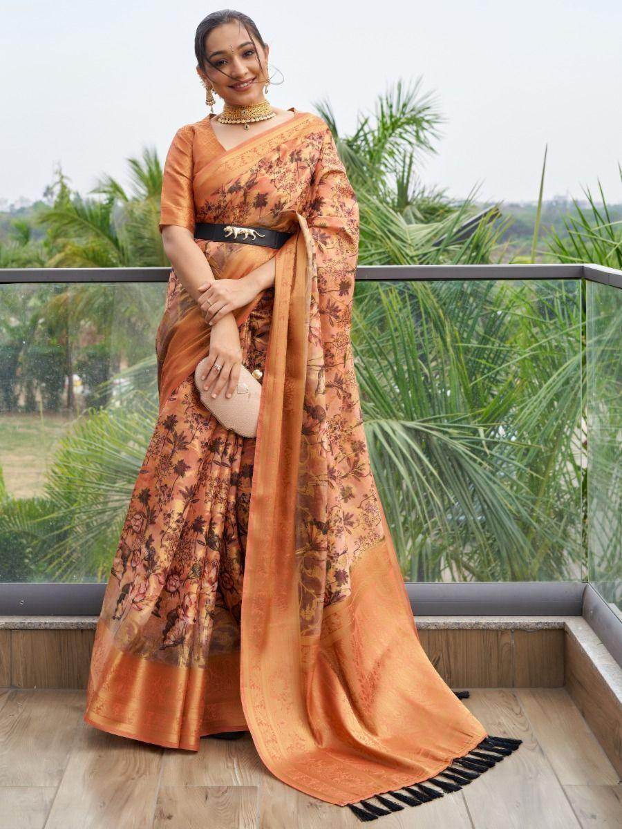 Adorable Orange Floral Printed Organza Classic Saree With Blouse - Zeel Clothing