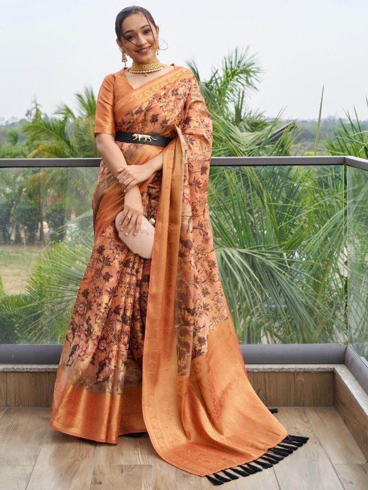 Adorable Orange Floral Printed Organza Classic Saree With Blouse - Zeel Clothing