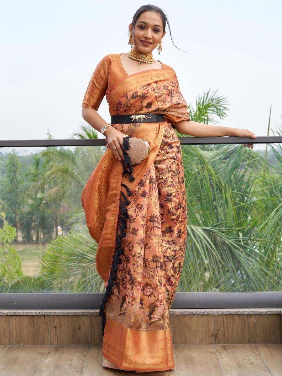 Adorable Orange Floral Printed Organza Classic Saree With Blouse