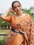 Adorable Orange Floral Printed Organza Classic Saree With Blouse - Zeel Clothing