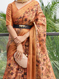 Adorable Orange Floral Printed Organza Classic Saree With Blouse - Zeel Clothing