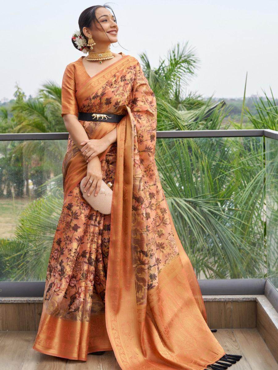 Adorable Orange Floral Printed Organza Classic Saree With Blouse - Zeel Clothing