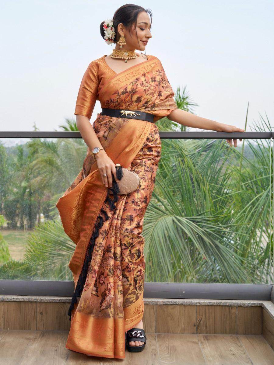 Adorable Orange Floral Printed Organza Classic Saree With Blouse - Zeel Clothing