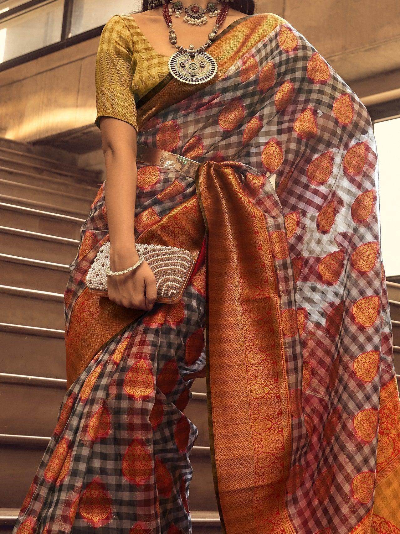 Adorable Orange Handloom Weaving Organza Festive Wear Saree - Zeel Clothing