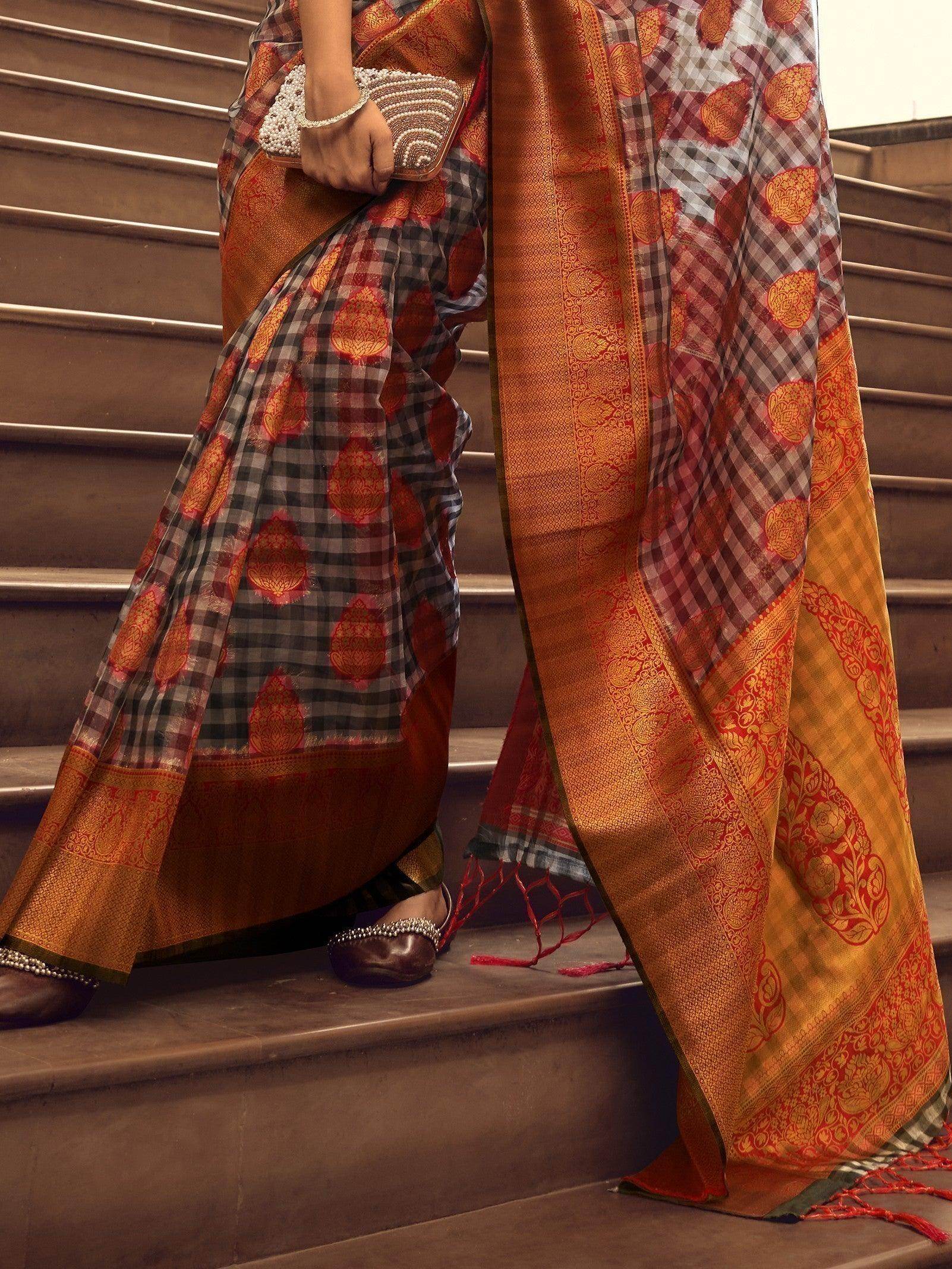 Adorable Orange Handloom Weaving Organza Festive Wear Saree - Zeel Clothing