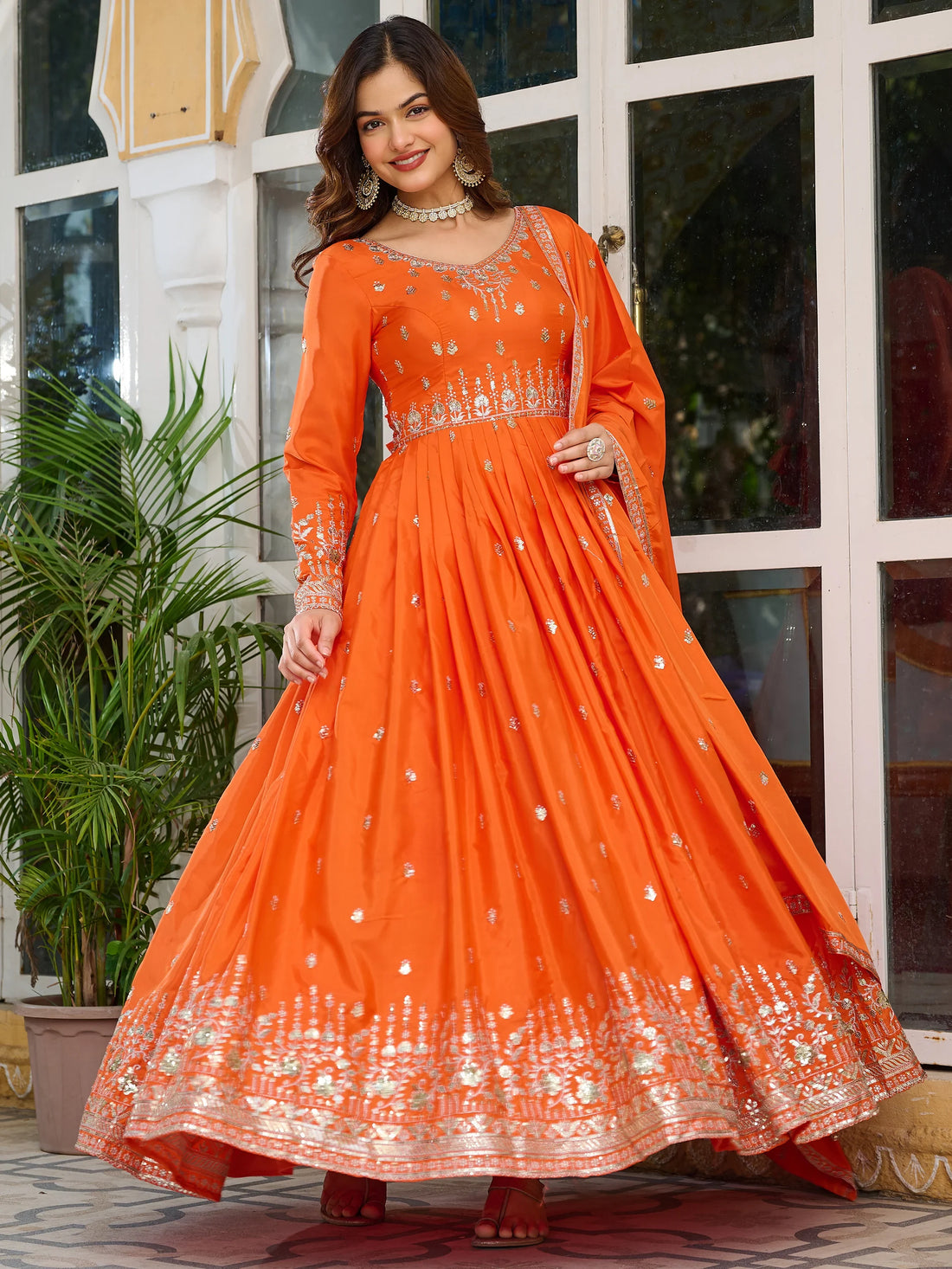 Adorable Orange Sequins Silk Event Wear Gown With Dupatta - Zeel Clothing
