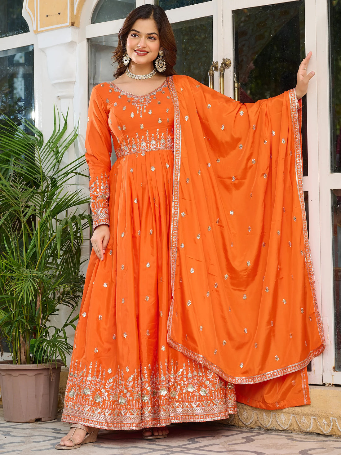 Adorable Orange Sequins Silk Event Wear Gown With Dupatta - Zeel Clothing