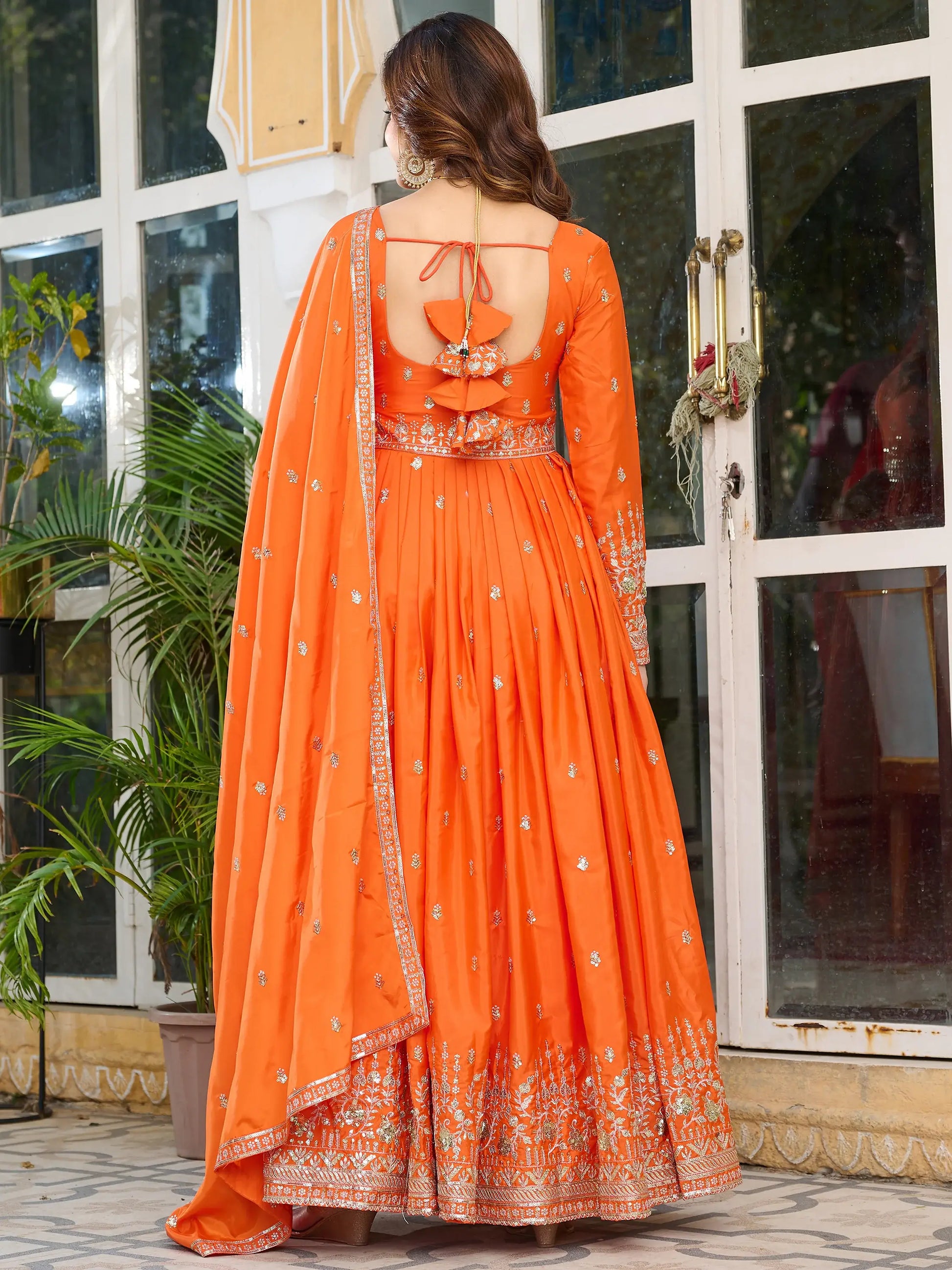 Adorable Orange Sequins Silk Event Wear Gown With Dupatta - Zeel Clothing