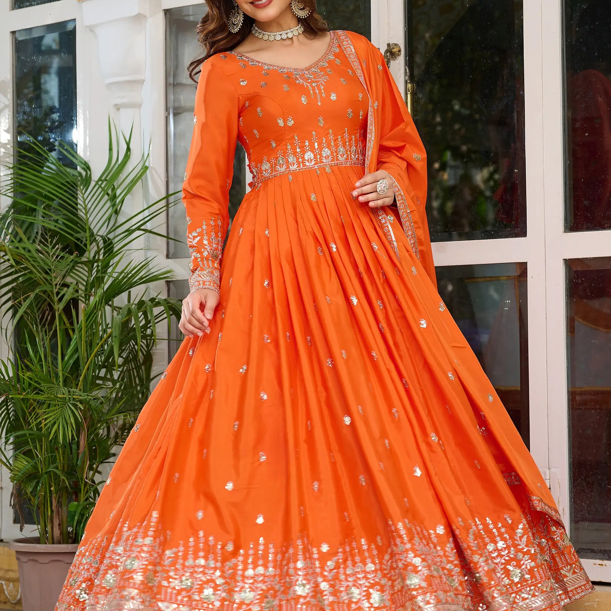 Adorable Orange Sequins Silk Event Wear Gown With Dupatta - Zeel Clothing
