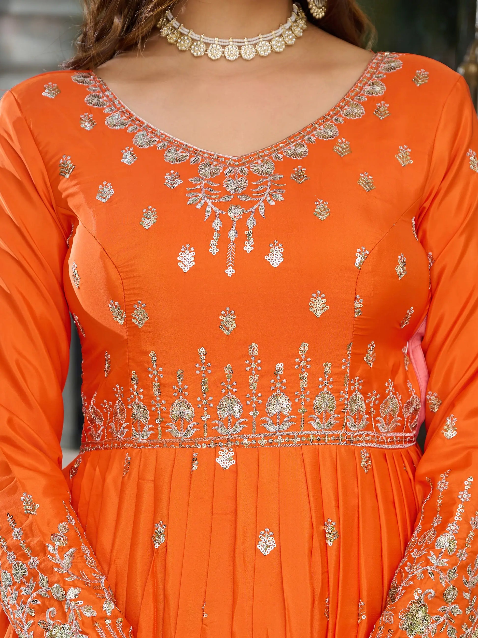 Adorable Orange Sequins Silk Event Wear Gown With Dupatta - Zeel Clothing