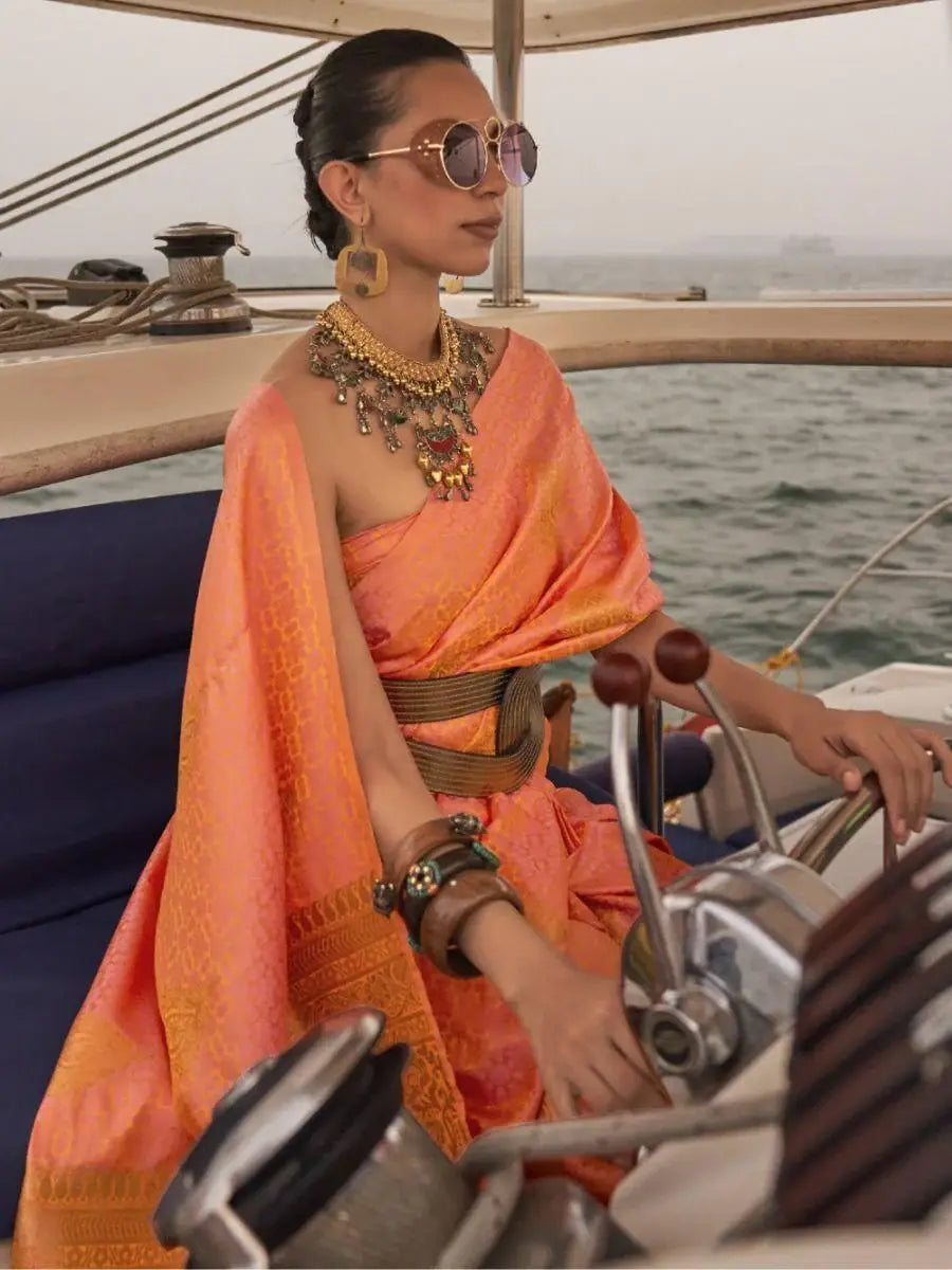 Adorable Orange Woven Satin Silk Classic Saree With Blouse - Zeel Clothing