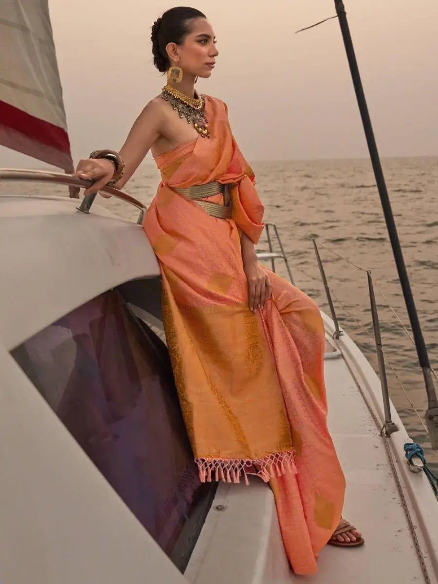 Adorable Orange Woven Satin Silk Classic Saree With Blouse - Zeel Clothing