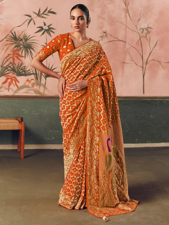 Adorable Orange Zari Weaving Work Silk Festive Wear Saree With Blouse