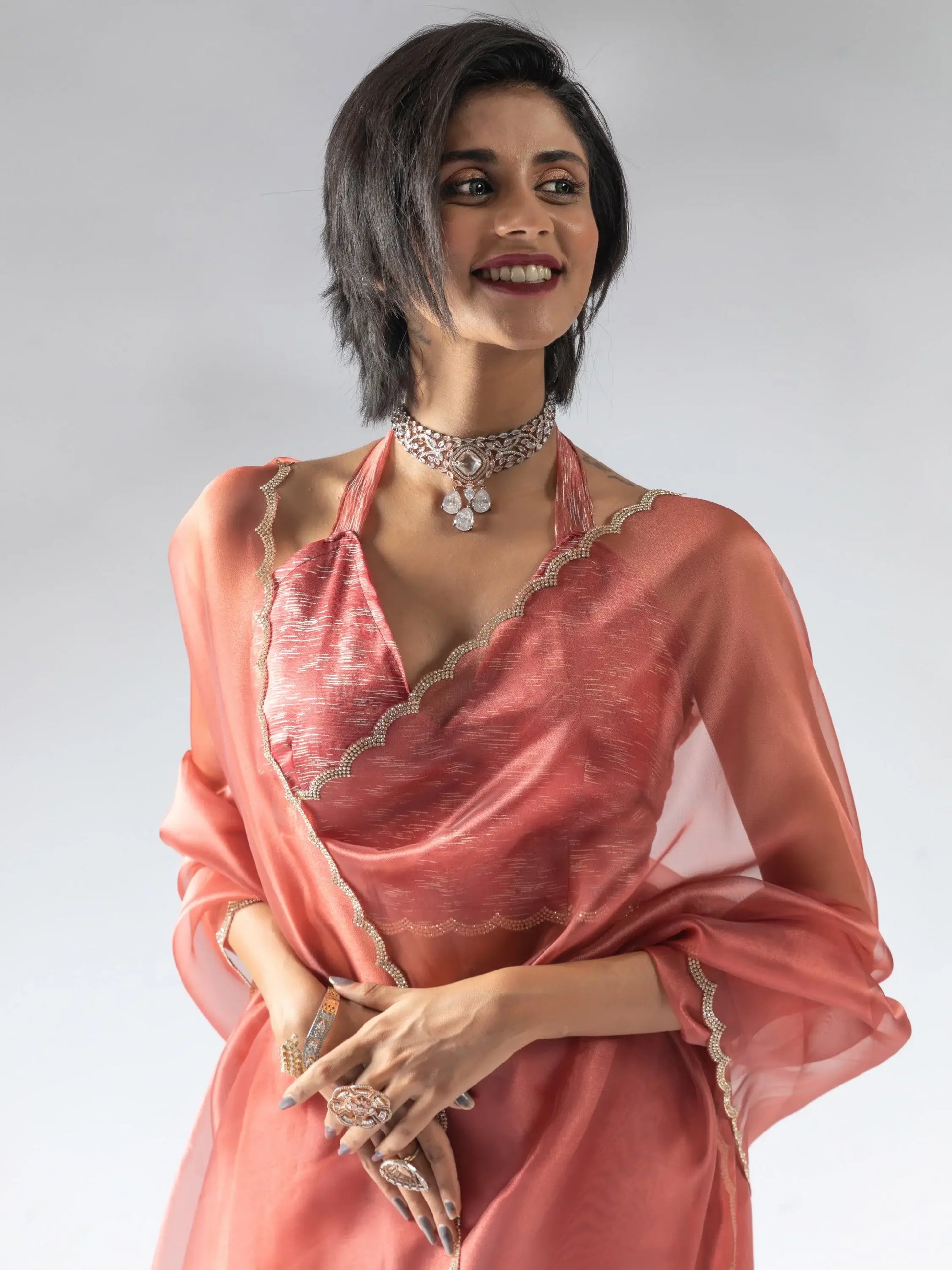 Adorable Peach Border Work Organza Party Wear Pre-Stitched Saree - Zeel Clothing