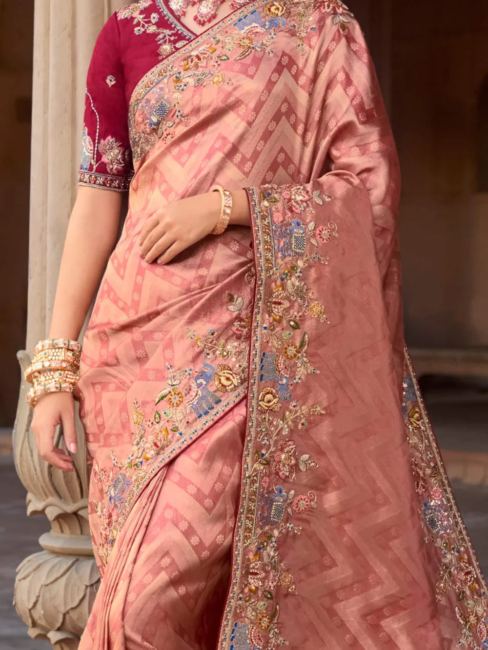 Adorable Peach Sequins Silk Wedding Wear Saree With Blouse - Zeel Clothing