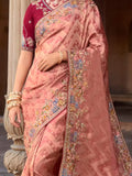 Adorable Peach Sequins Silk Wedding Wear Saree With Blouse - Zeel Clothing