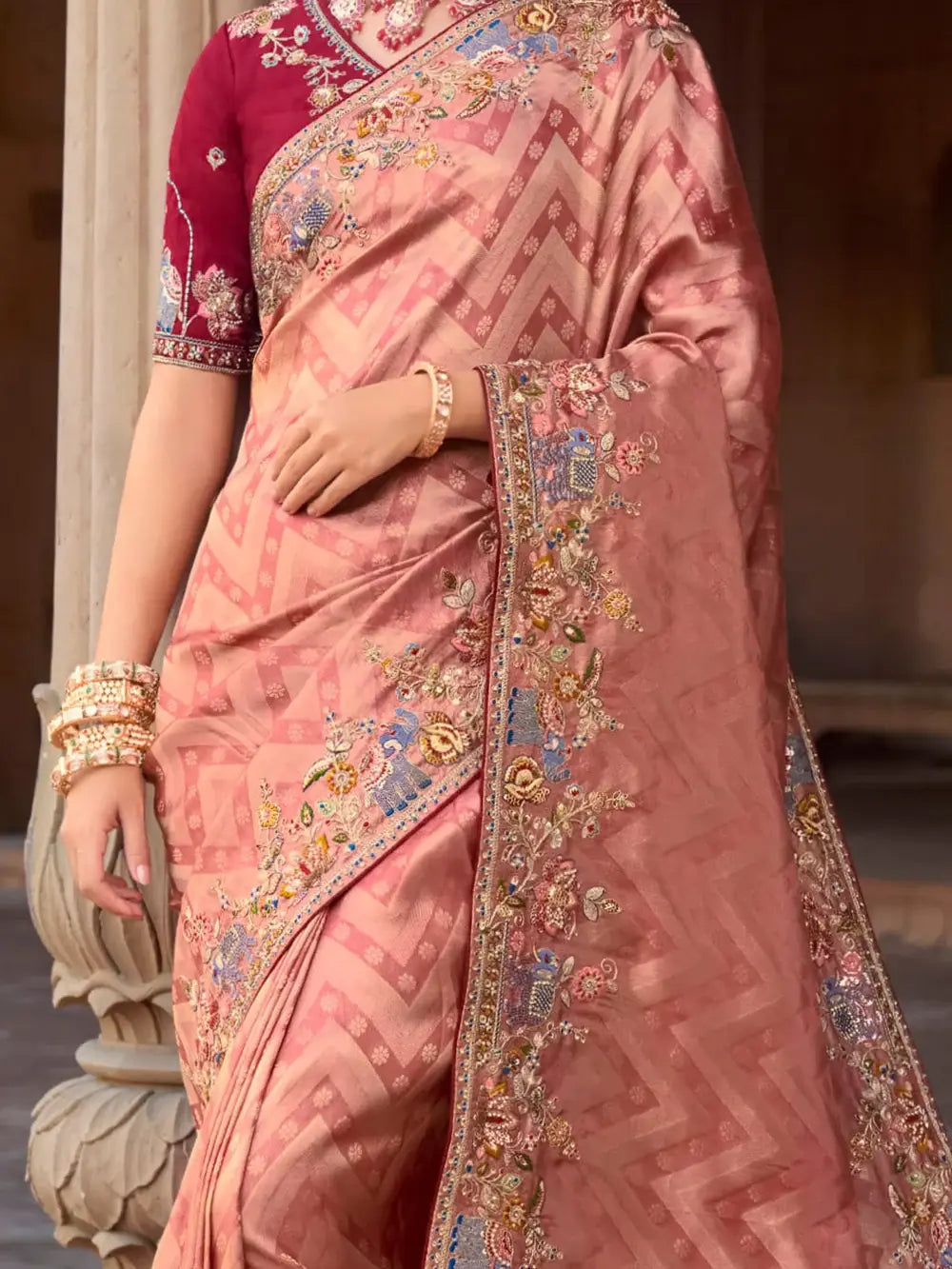 Adorable Peach Sequins Silk Wedding Wear Saree With Blouse - Zeel Clothing