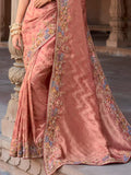 Adorable Peach Sequins Silk Wedding Wear Saree With Blouse - Zeel Clothing