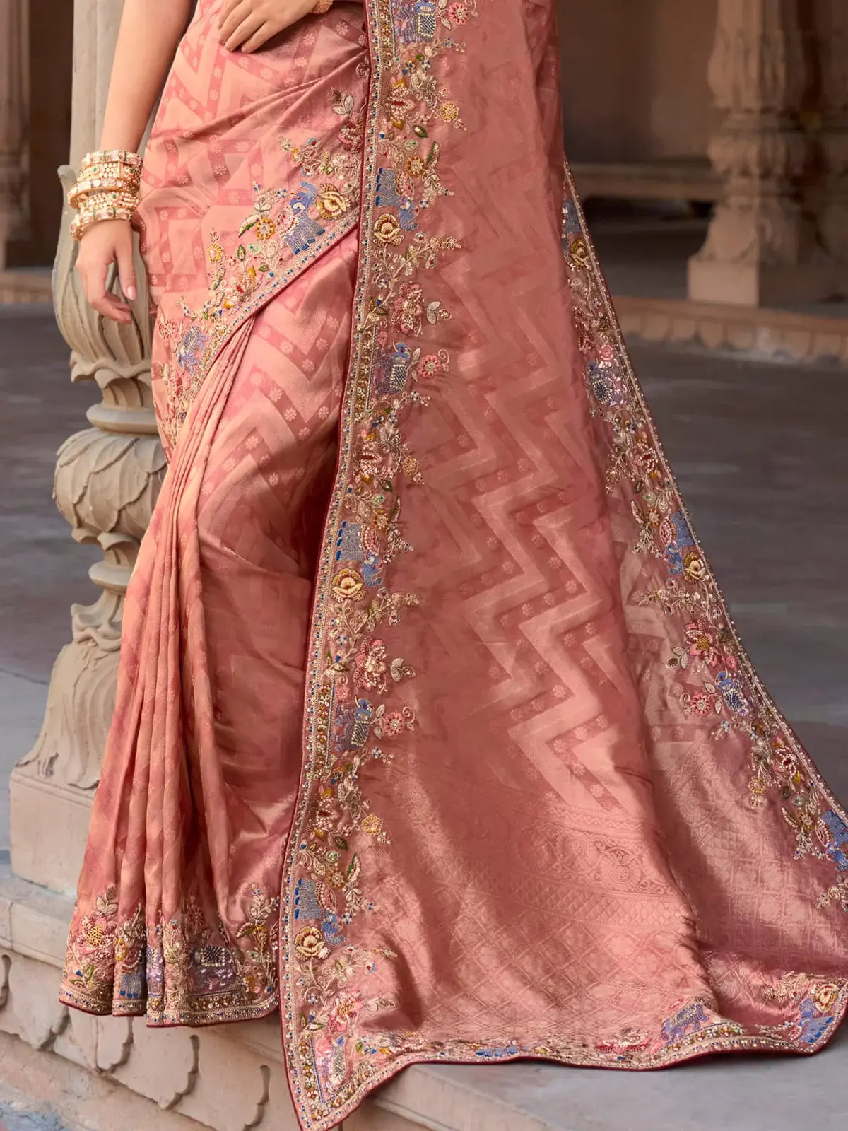 Adorable Peach Sequins Silk Wedding Wear Saree With Blouse - Zeel Clothing