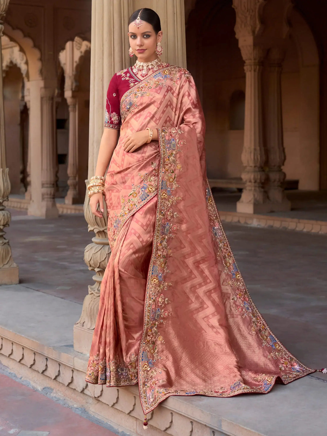 Adorable Peach Sequins Silk Wedding Wear Saree With Blouse - Zeel Clothing