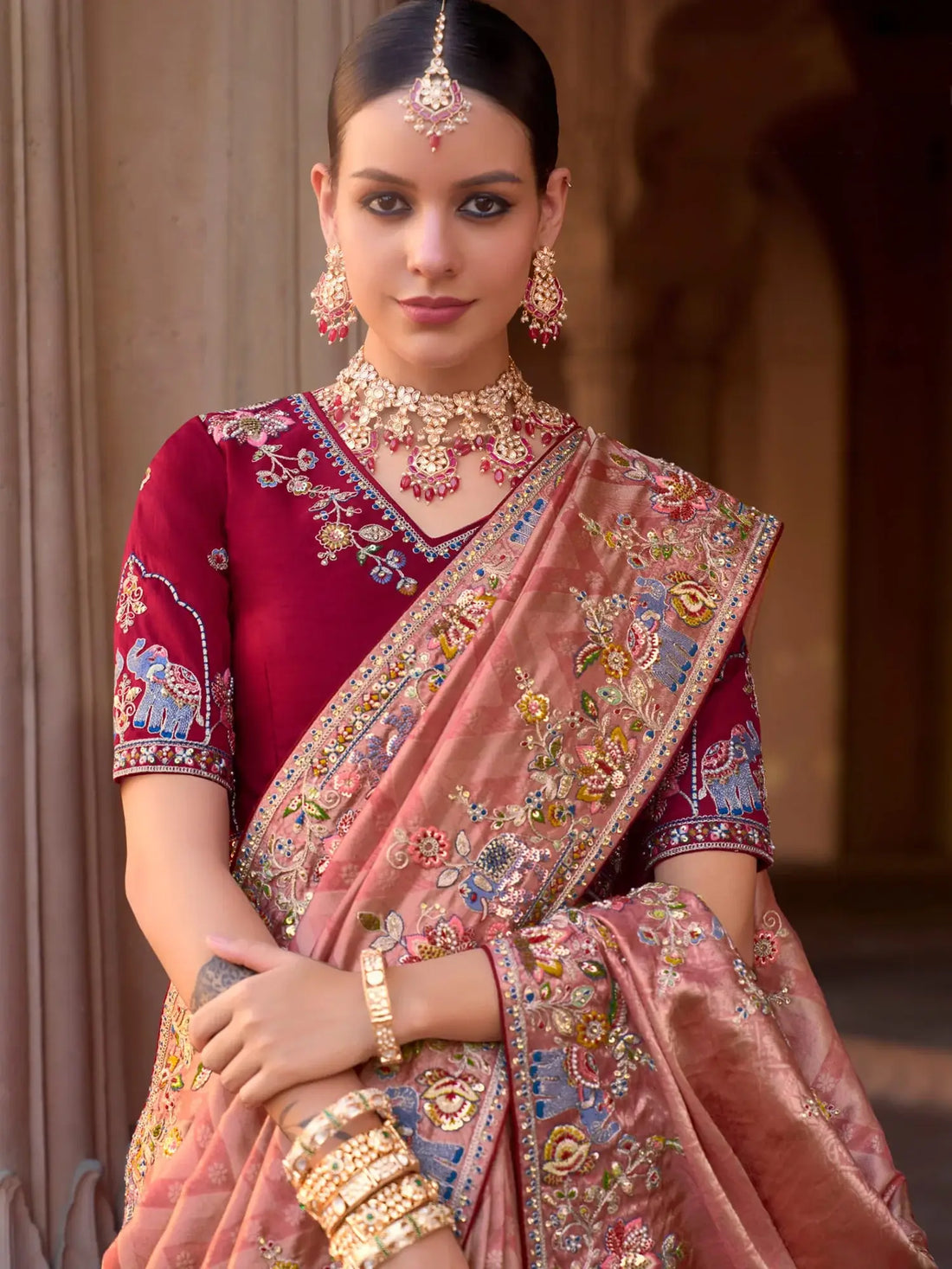 Adorable Peach Sequins Silk Wedding Wear Saree With Blouse - Zeel Clothing