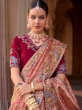 Adorable Peach Sequins Silk Wedding Wear Saree With Blouse - Zeel Clothing