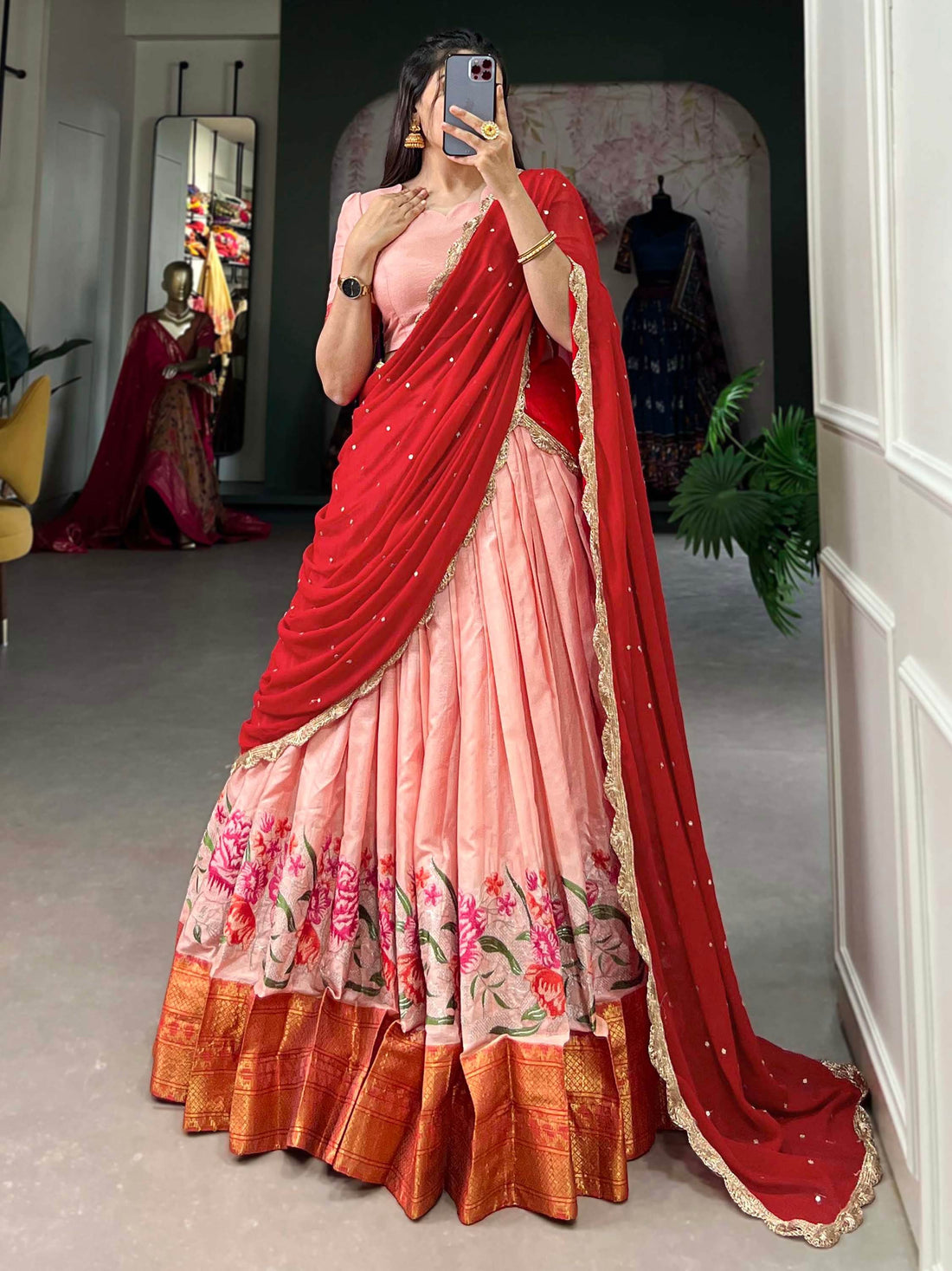 Adorable Peach Thread Work Cotton Traditional Half Saree Lehenga - Zeel Clothing