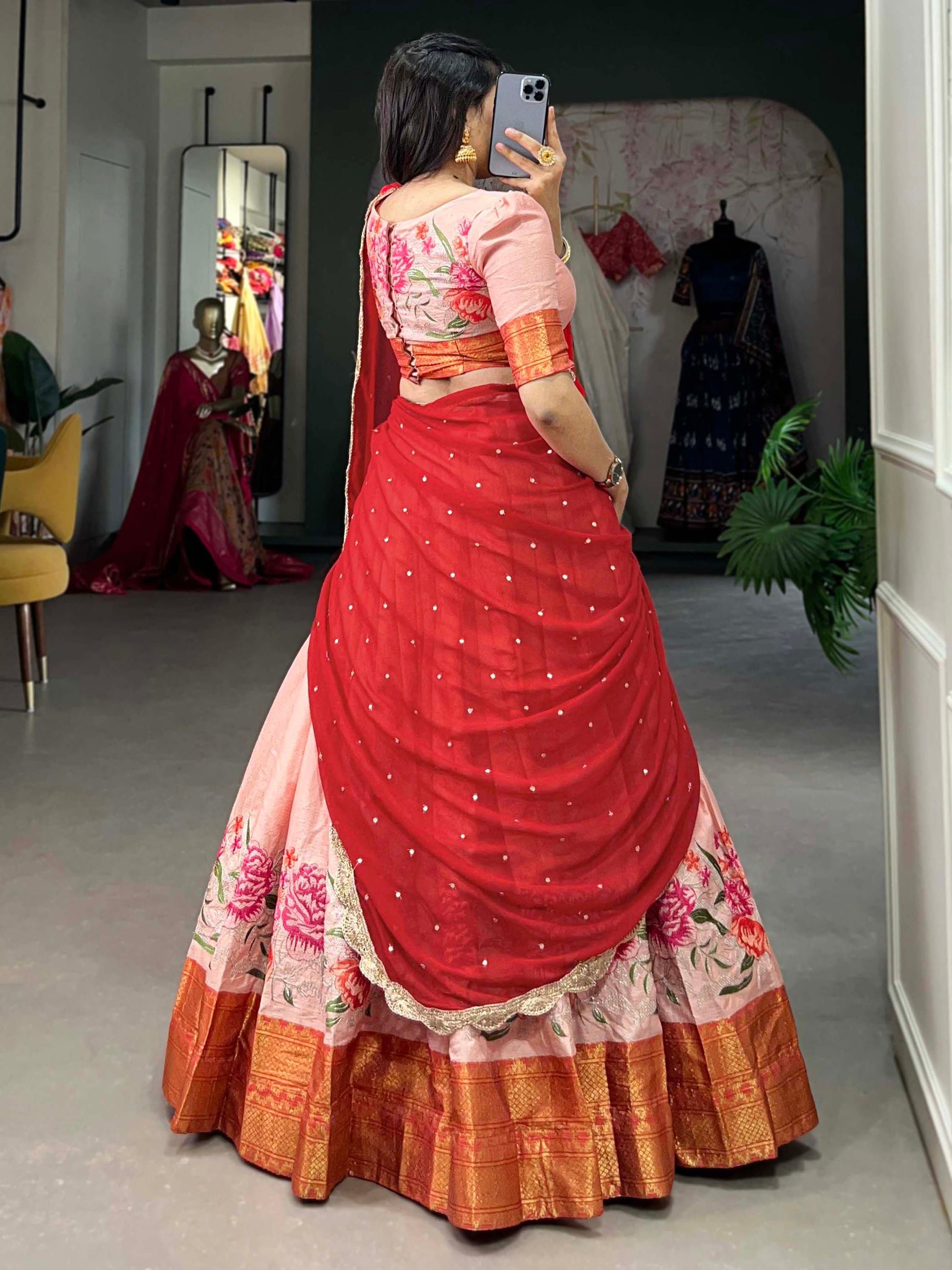 Adorable Peach Thread Work Cotton Traditional Half Saree Lehenga - Zeel Clothing