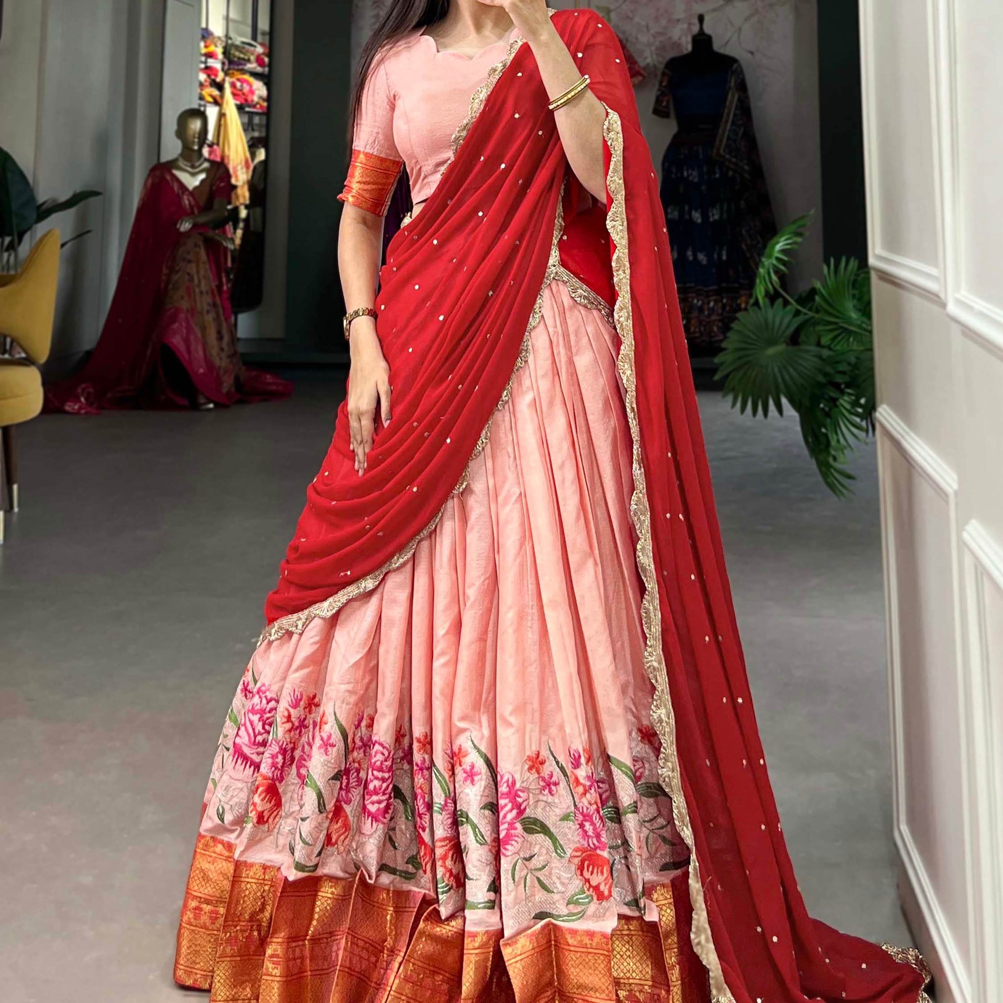 Adorable Peach Thread Work Cotton Traditional Half Saree Lehenga - Zeel Clothing
