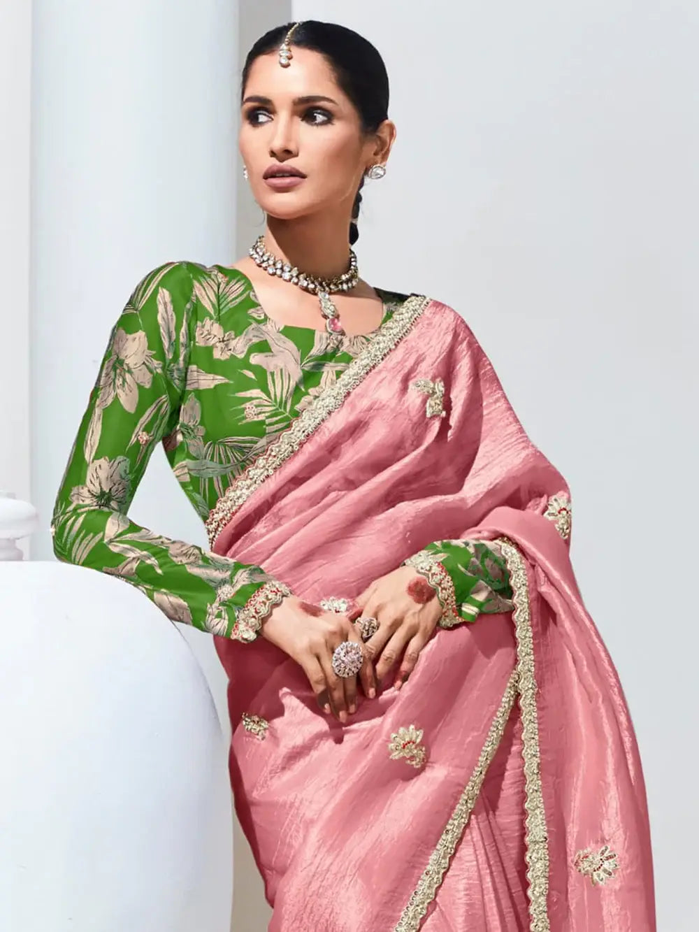 Adorable Peach Thread Work Organza Engagement Wear Saree - Zeel Clothing