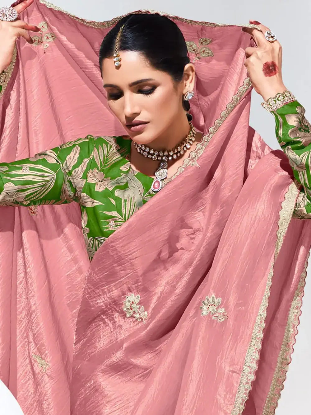 Adorable Peach Thread Work Organza Engagement Wear Saree - Zeel Clothing