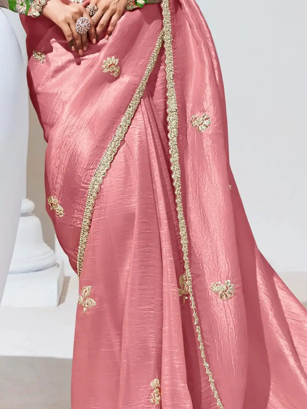 Adorable Peach Thread Work Organza Engagement Wear Saree - Zeel Clothing